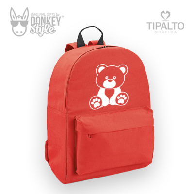 Mochila vermelha com imagem de ursinho branco