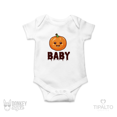 Body branco de bebé com estampa de abóbora e texto BABY