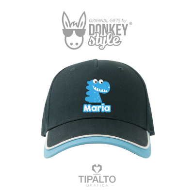 Boné preto com dinossauro azul e nome Maria