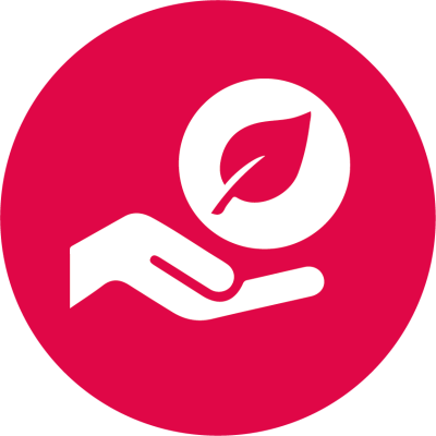 Ícone vermelho com mão branca segurando uma folha branca em círculo