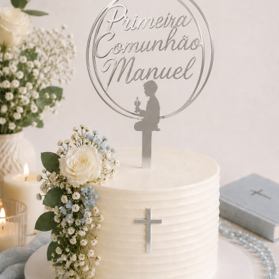 Bolo branco decorado com flores e placa prateada para primeira comunhão