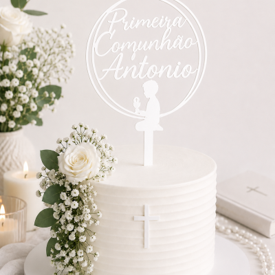 Bolo branco com decoração de flores e placa de topo alusiva à primeira comunhão com fundo neutro
