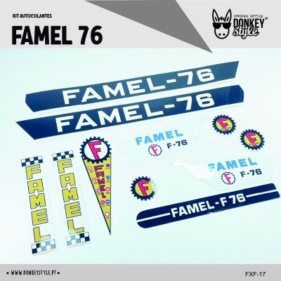 Kit de autocolantes para Famel 76 com várias formas e cores, incluindo azul, amarelo e multicolor.