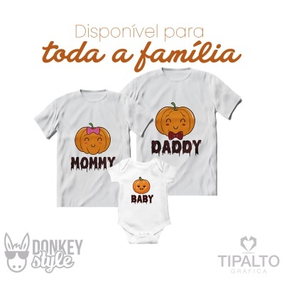 Conjunto de roupa branca com abóboras e textos MOMMY, DADDY, BABY