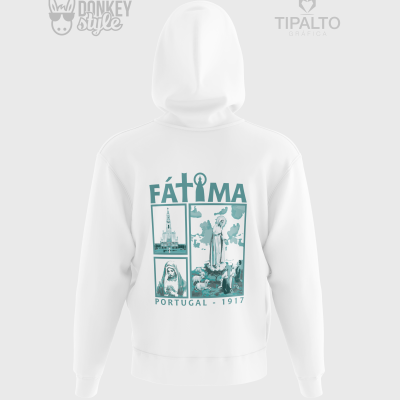 Casaco branco com capuz e estampa de Fátima em verde água nas costas