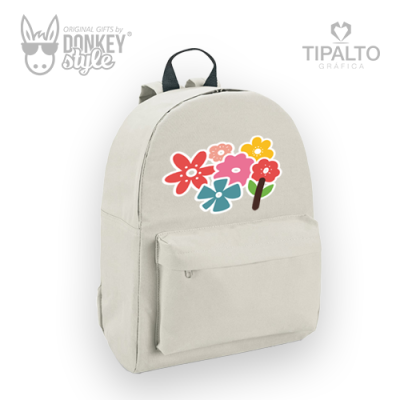 Mochila bege clara com desenho colorido de flores e alças cinzentas