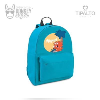 Mochila azul turquesa com decoração de dinossauro e nome Miguel