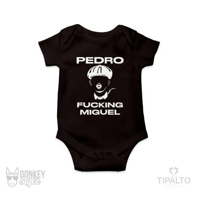 Body de bebé preto com imagem e texto em branco PEDRO FUCKING MIGUEL
