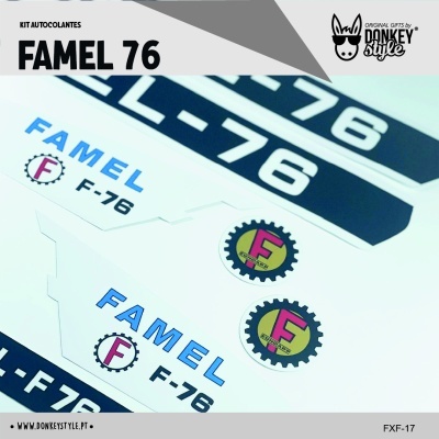 Kit autocolantes FAMEL 76 com textos e logos coloridos em fundo claro