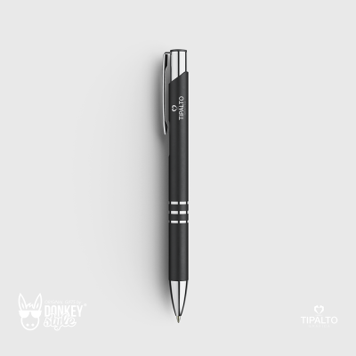 Caneta esferográfica preta com detalhes metálicos prateados e escrita branca TIPALTO