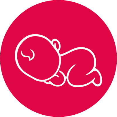 Ícone branco de bebé deitado num círculo vermelho