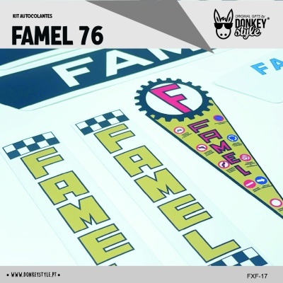 Kit autocolantes FAMEL 76 da Donkey Style com autocolantes coloridos e letras amarelas