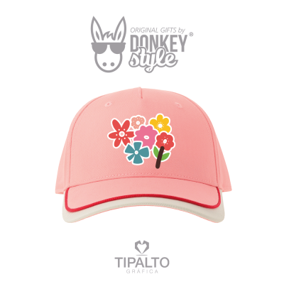 Boné rosa com estampa de flores coloridas