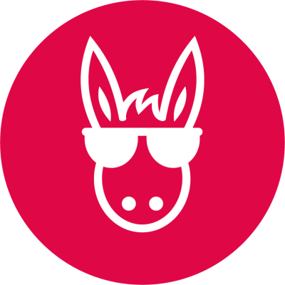 Logótipo branco de burro com óculos de sol em fundo vermelho