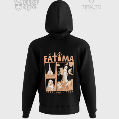 Sweatshirt preta com design gráfico de Fátima em laranja na parte de trás