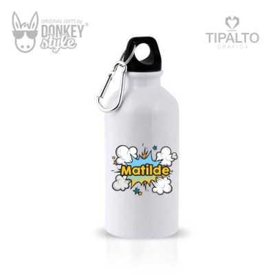 Garrafa metálica branca com tampa preta e mosquetão, nome Matilde em design pop art.