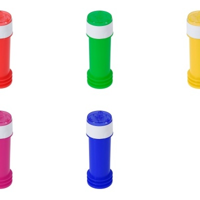 Frascos cilíndricos coloridos com tampas brancas e superiores transparentes em várias cores
