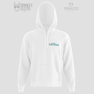 Camisola branca com capuz e texto FÁTIMA no peito