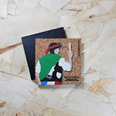 Quadrado de cortiça com ilustração colorida e texto 