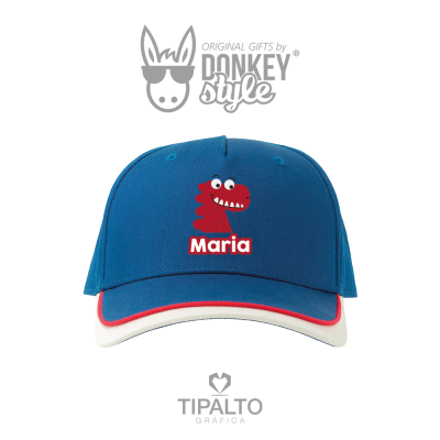 Boné azul com estampado de dinossauro e nome Maria