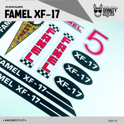 Kit autocolantes FAMEL XF-17 em várias formas e cores, embalagem com marca Donkey Style