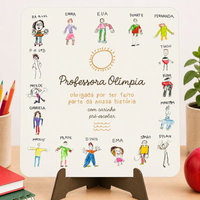 Quadro com desenhos infantis e mensagem em português para professora