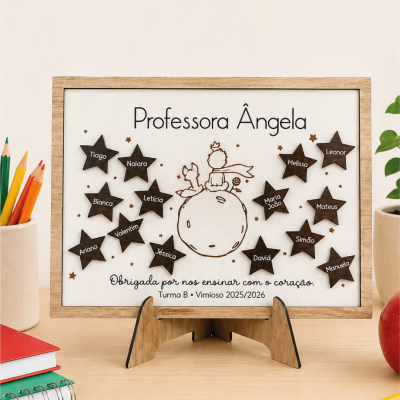 Quadro decorativo com estrelas de madeira e texto para professora
