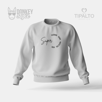 Camisola branca para homem com estampado preto texto circular e gola canelada