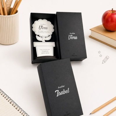 Caixas pretas com nomes, troféu em forma de planta, lápis, caderno e maçã sobre fundo branco.