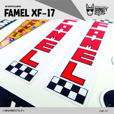 Kit autocolantes FAMEL XF-17 com texto vermelho e padrão xadrez