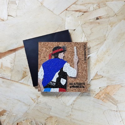 Quadrado de cortiça com ilustração colorida e texto em português