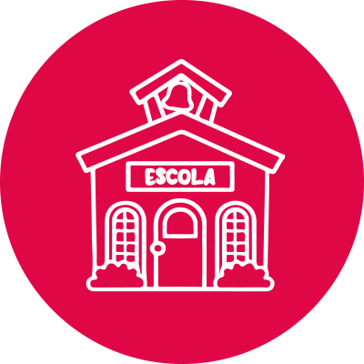 Desenho branco de escola com texto ESCOLA sobre fundo vermelho circular.