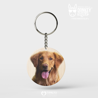 Porta-chaves redondo com imagem de cão golden retriever com língua de fora