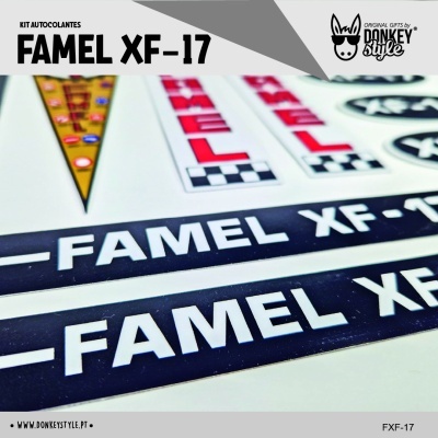 Kit de autocolantes FAMEL XF-17 para motocicleta com textos brancos sobre preto e gráficos coloridos