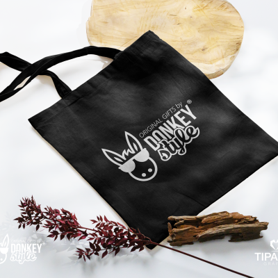 Saco de tecido preto com logotipo e texto branco DONKEY Style