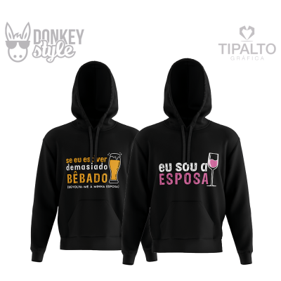 Duas sweatshirts pretas com textos e copos de bebida impressos