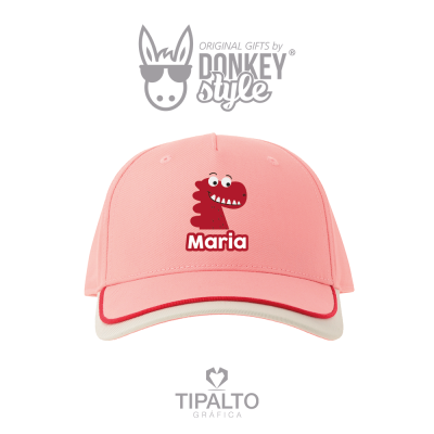Boné rosa com dinossauro vermelho e nome Maria
