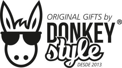 Logótipo preto e branco com burro e texto ORIGINAL GIFTS by DONKEY style DESDE 2013
