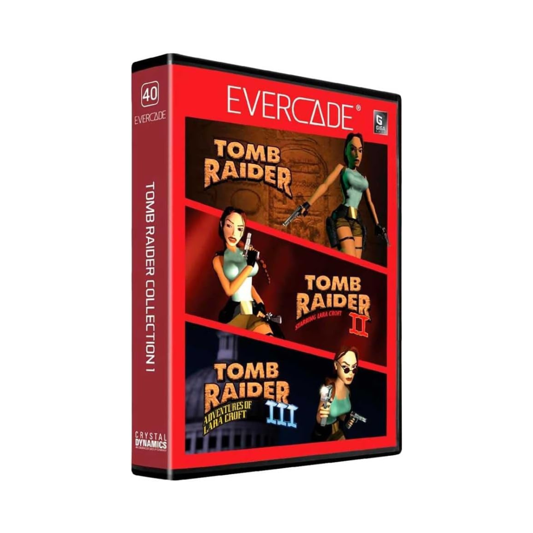 Cartucho com Jogos Tomb Raider Collection 1 Blaze Evercade #40 Caixa EVERCADE Tomb Raider Collection 1 com arte vermelha e personagens de Tomb Raider