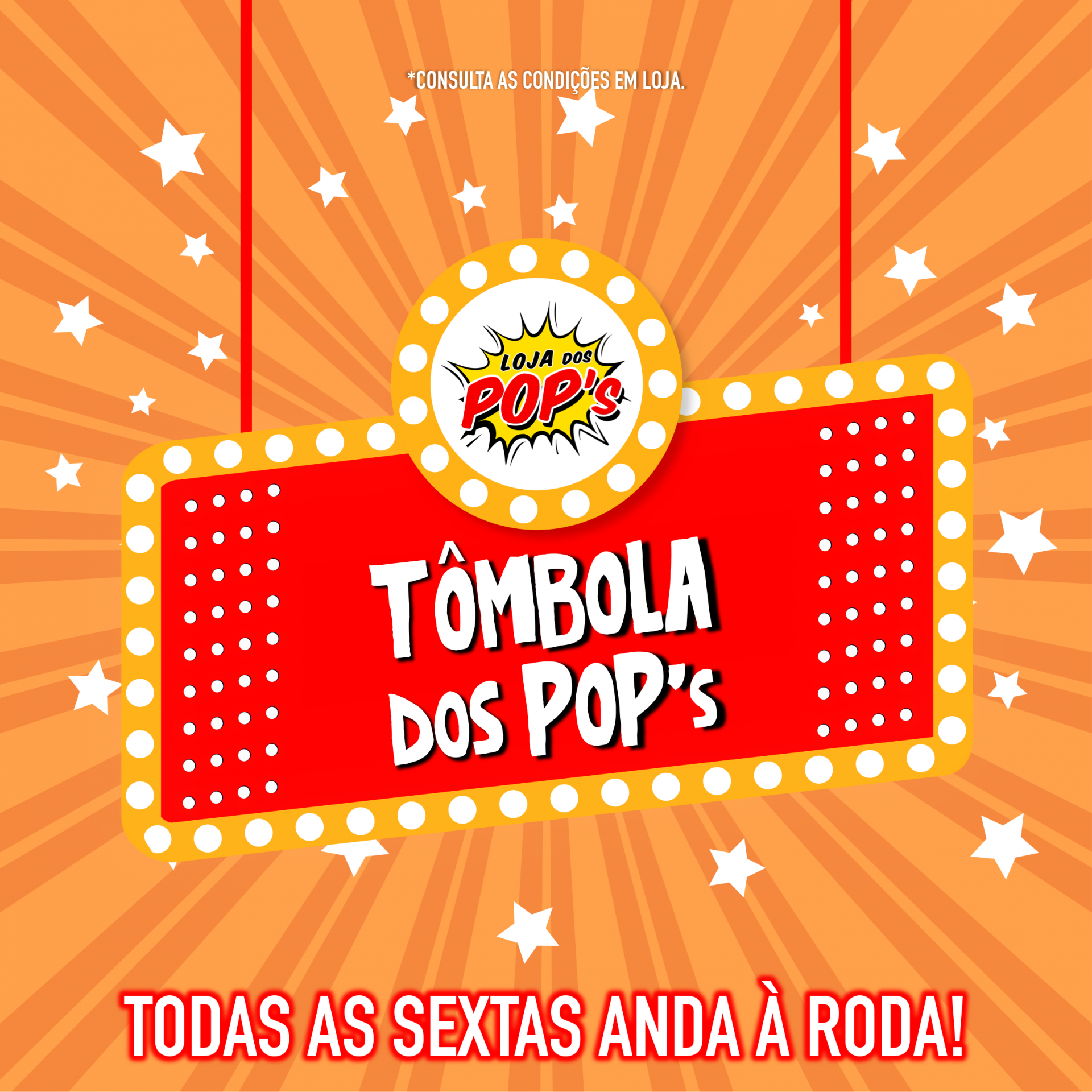 Sinal luminoso promocional vermelho e amarelo com texto em português sobre lotaria com fundo laranja e estrelas brancas