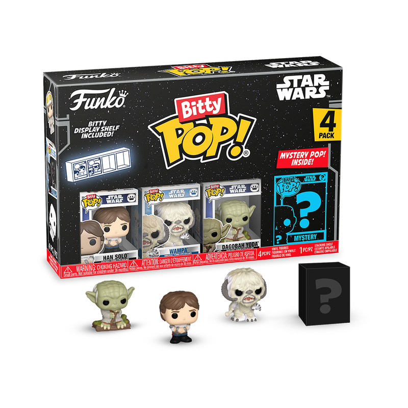 Bitty POP! Star Wars The Empire Strikes Back 4 Pack (Han Solo) Conjunto de figuras Funko Pop Star Wars bitty com Han Solo, Vampe, Dagobah Yoda e figura misteriosa.