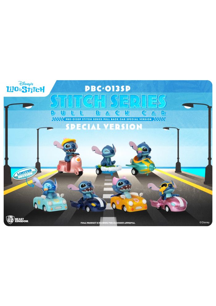 Conjunto de figuras colecionáveis Stitch com carros coloridos em caixa com design de estrada