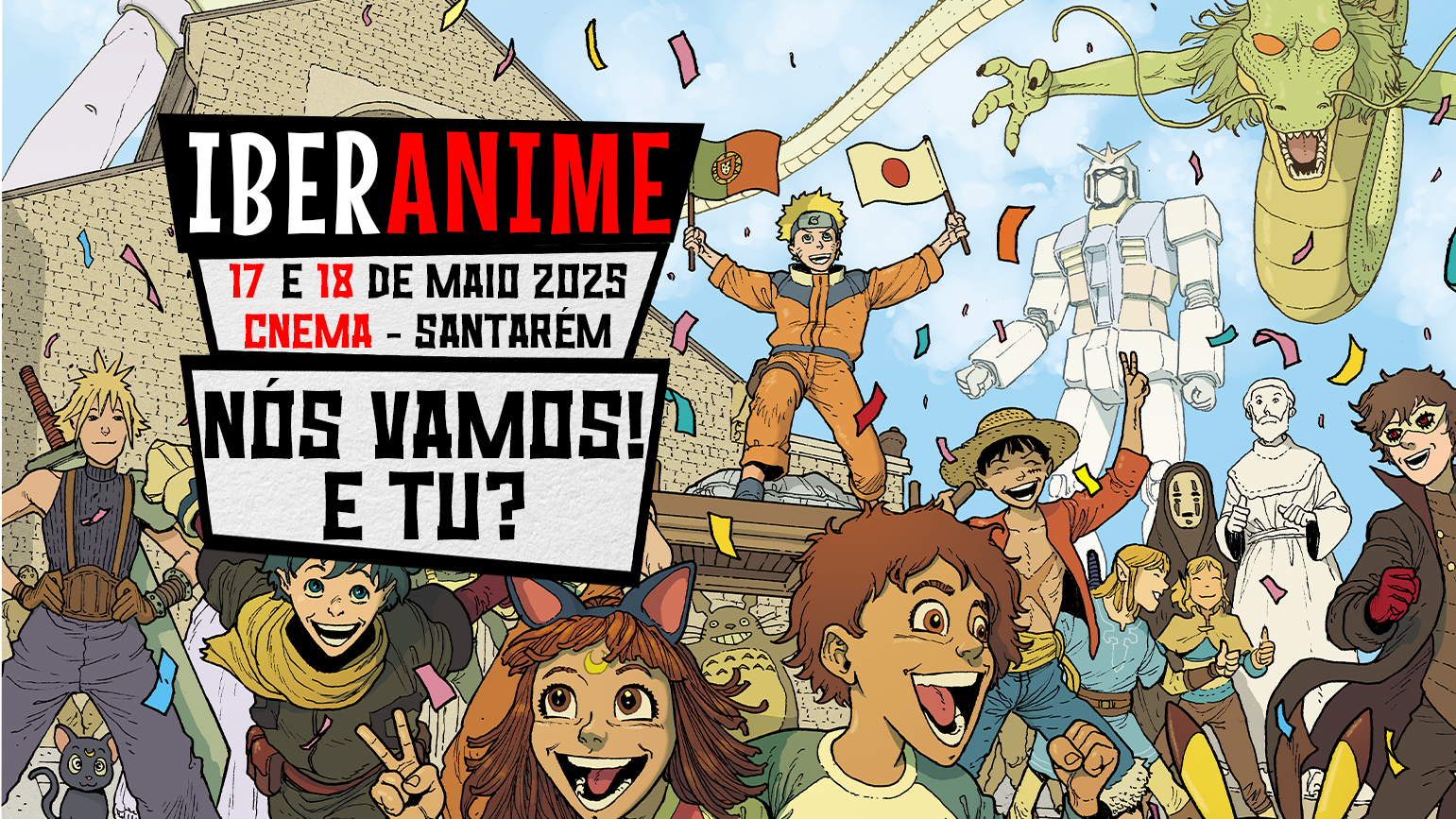 Cartaz colorido do evento IBERANIME com personagens de anime e texto em português