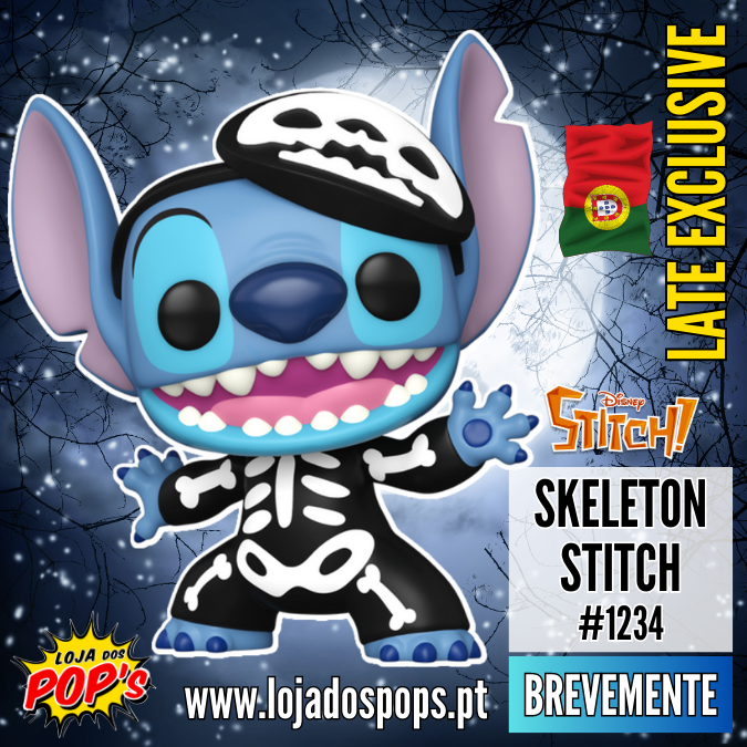 Figura Pop! vinil Stitch vestido de esqueleto com terno preto e ossos brancos, fundo lua cheia e galhos secos
