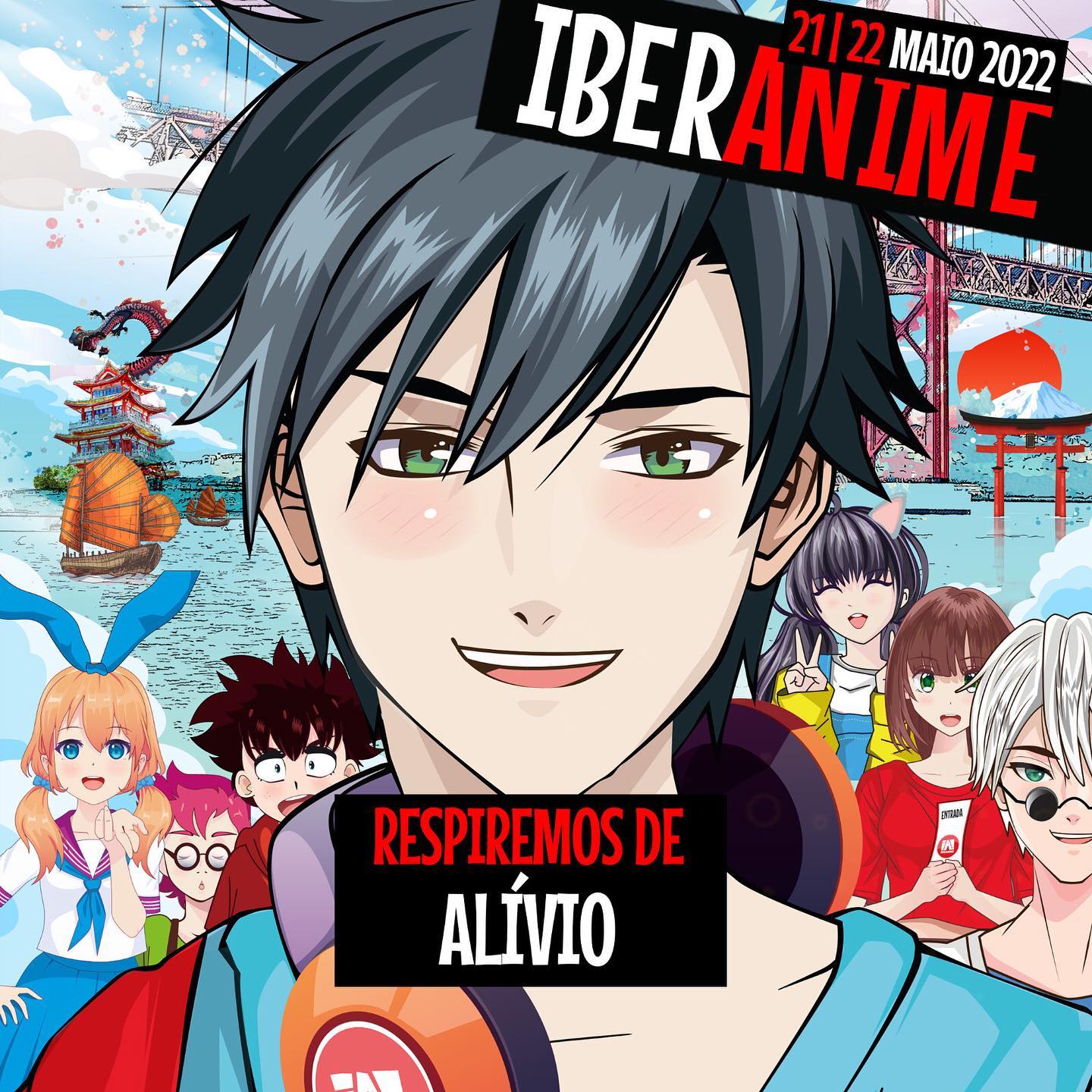 Cartaz de evento Iberanime com personagens de anime e texto informativo