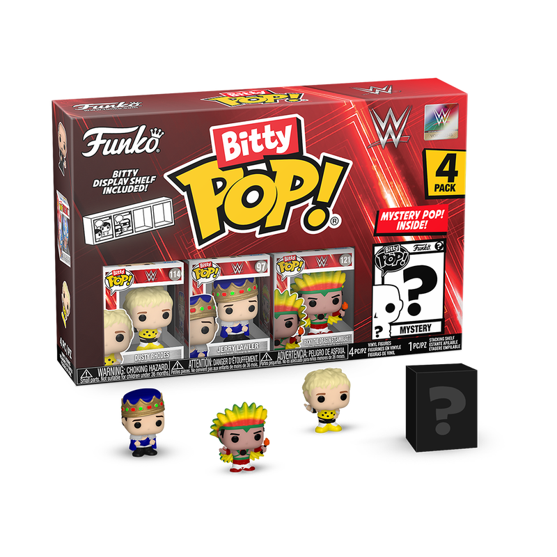 Bitty POP! WWE (Dusty Rhodes) Conjunto Funko Pop! Bitty WWE com quatro figuras, três visíveis e uma misteriosa em caixa preta.