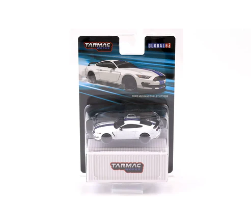 Miniatura Ford Mustang Shelby GT350R branca com riscas azuis em embalagem transparente e caixa branca