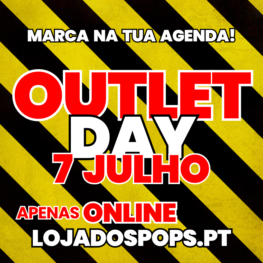 Cartaz promocional para OUTLET DAY em 7 de julho, texto em vermelho e branco sobre fundo amarelo e preto