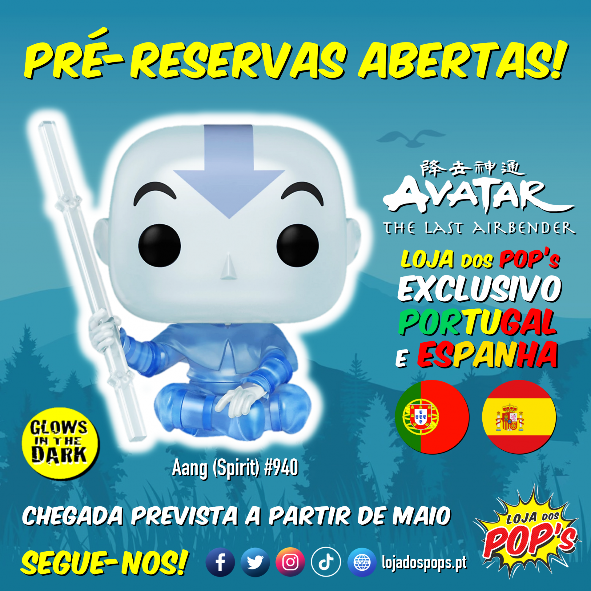 Figura Funko Pop Aang (Espírito) azul translúcido que brilha no escuro com texto promocional em português e espanhol