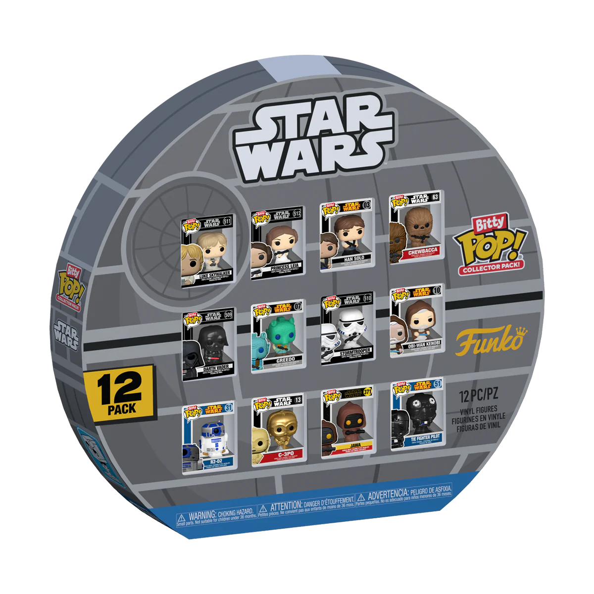 Pack de 12 figuras Funko Pop! Star Wars em blister redondo cinza com logo e texto colorido.